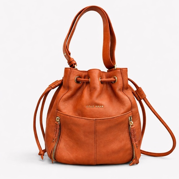 Cole Haan Handbags - Cole Haan Cognac Pebbled Leather Bucket Bag Drawstring Shoulder Crossbody